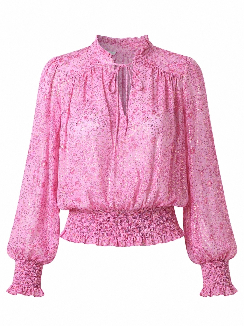 JOIE | Pink Floral Gold Metallic‎ Semi Sheer Tie Neck Romantic Boho Blouse | M